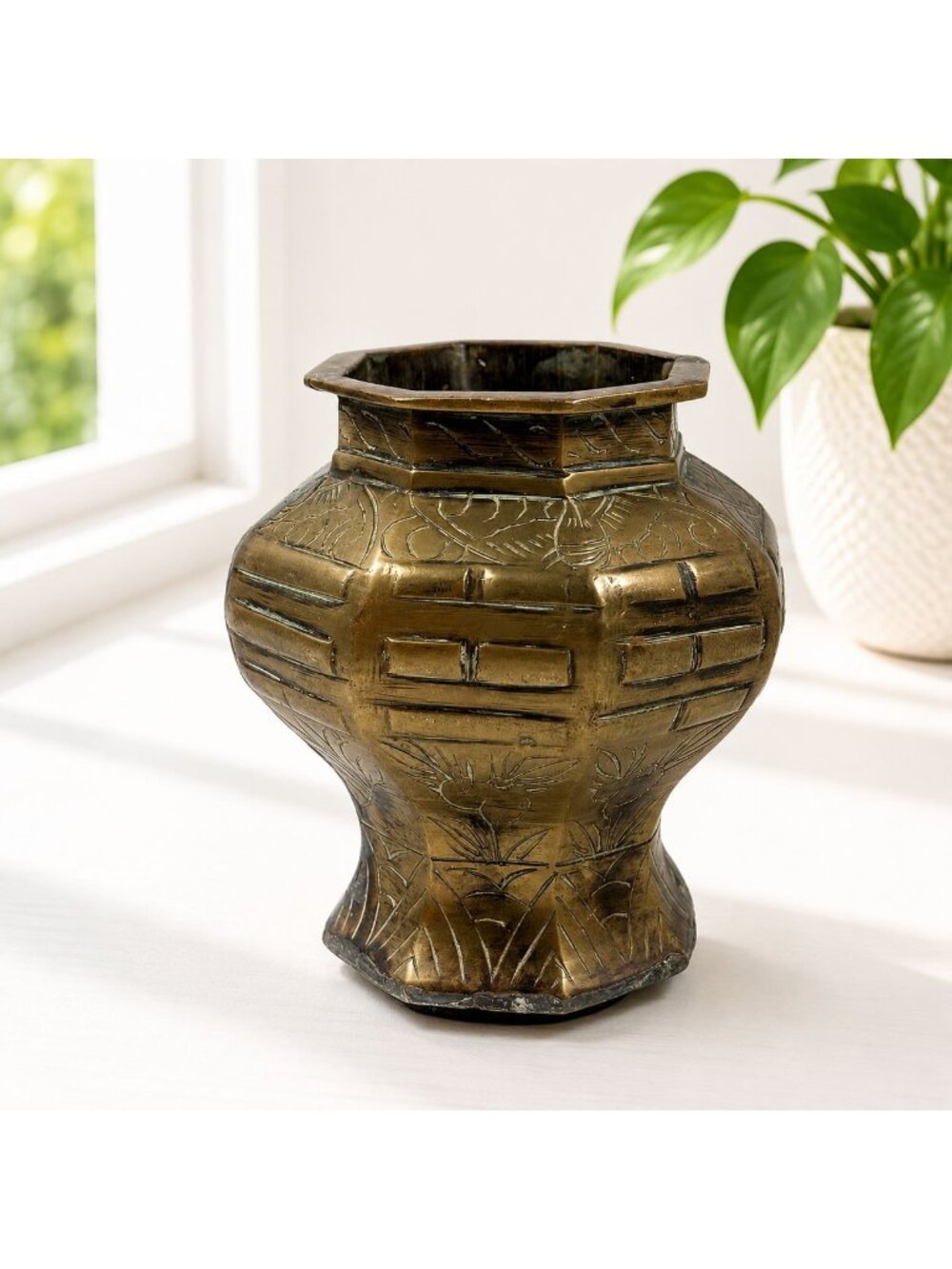 Antique Brass Vase With Hand-Etched Floral & Geometric Design Octagonal Rim 7 In